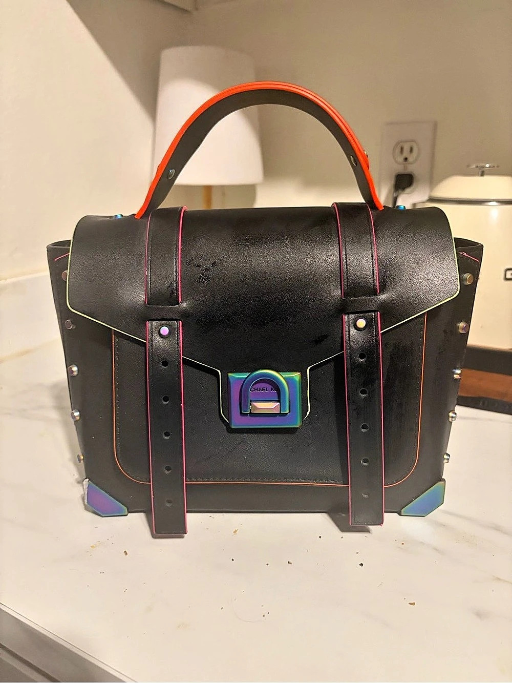 Michael Kors Manhattan Medium Contrast-Trim Leather Satchel Black & Orange